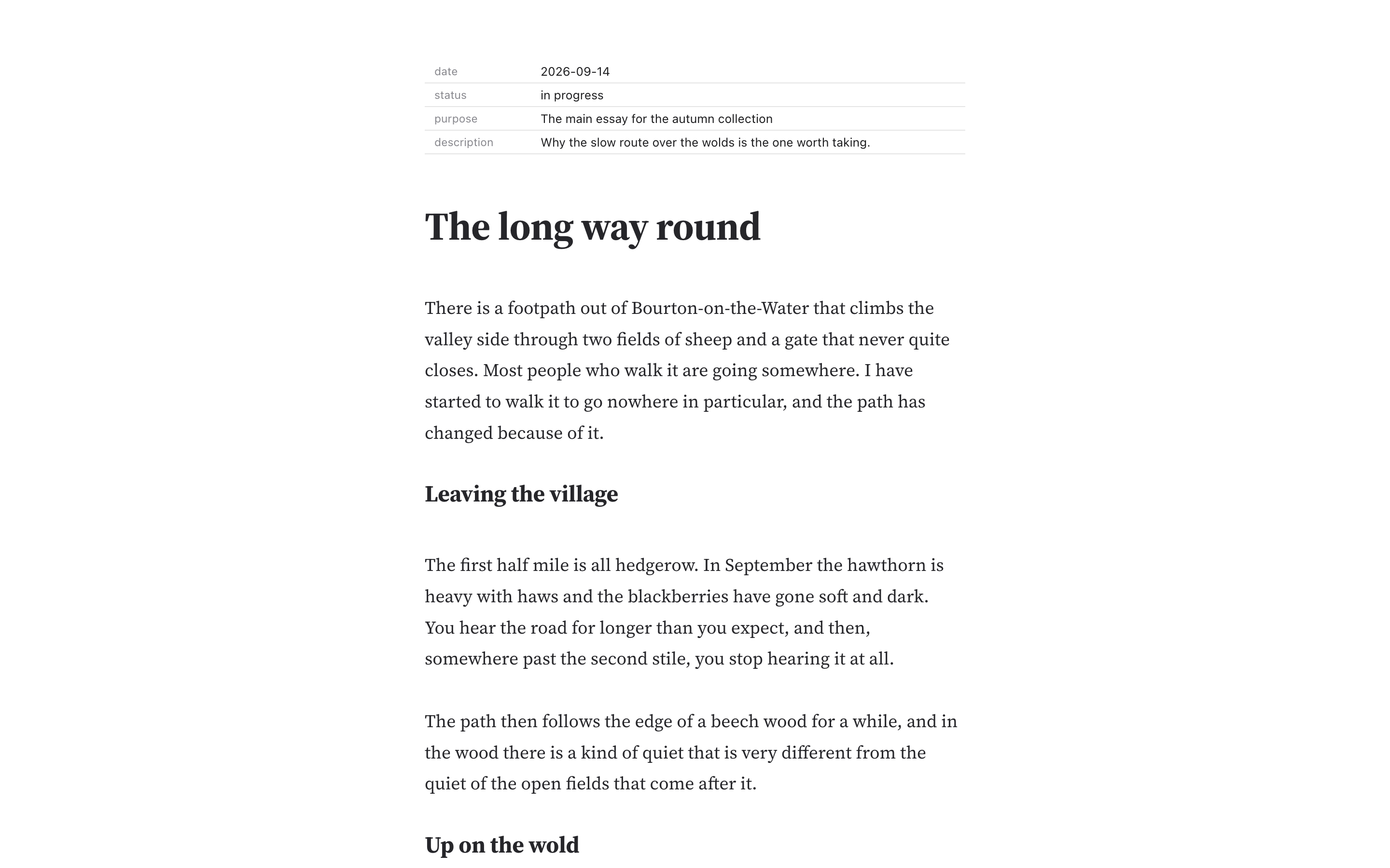 Distraction-free writing: only the page of the sample essay, with no toolbar, panes or status bar.