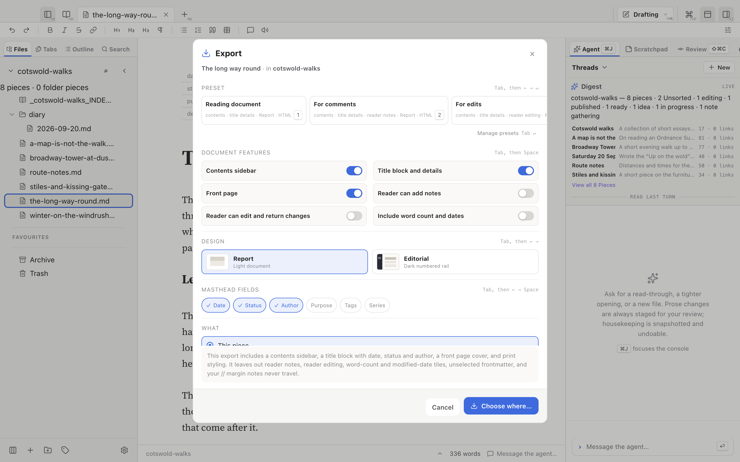 The Export sheet: presets, switches for contents sidebar, title block, front page, reader notes, reader edits and word count, a choice of Report or Editorial design, and masthead fields.