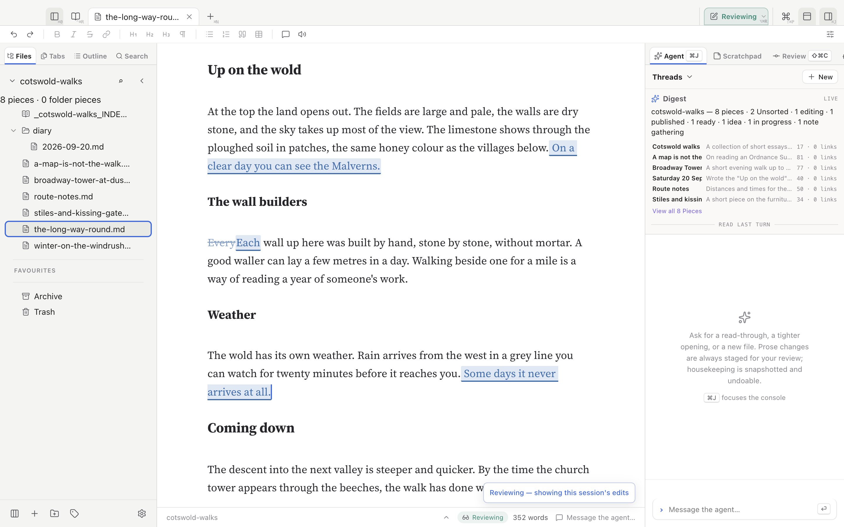 Reviewing mode: a replaced word shown struck through beside its replacement, and two added sentences underlined in blue.